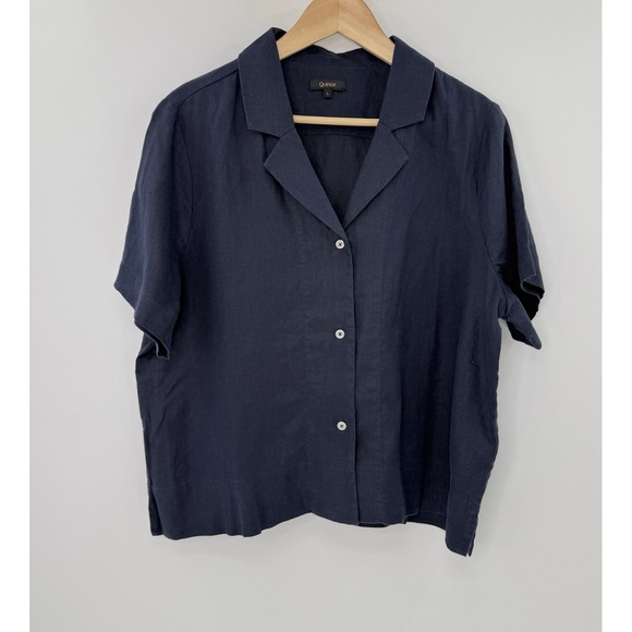 Quince Navy Blue 100% European Linen Button Up Blouse Sz L  Boho Lagenlook - Picture 2 of 7